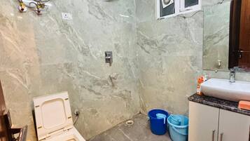 Shower, bidet, towels, soap
