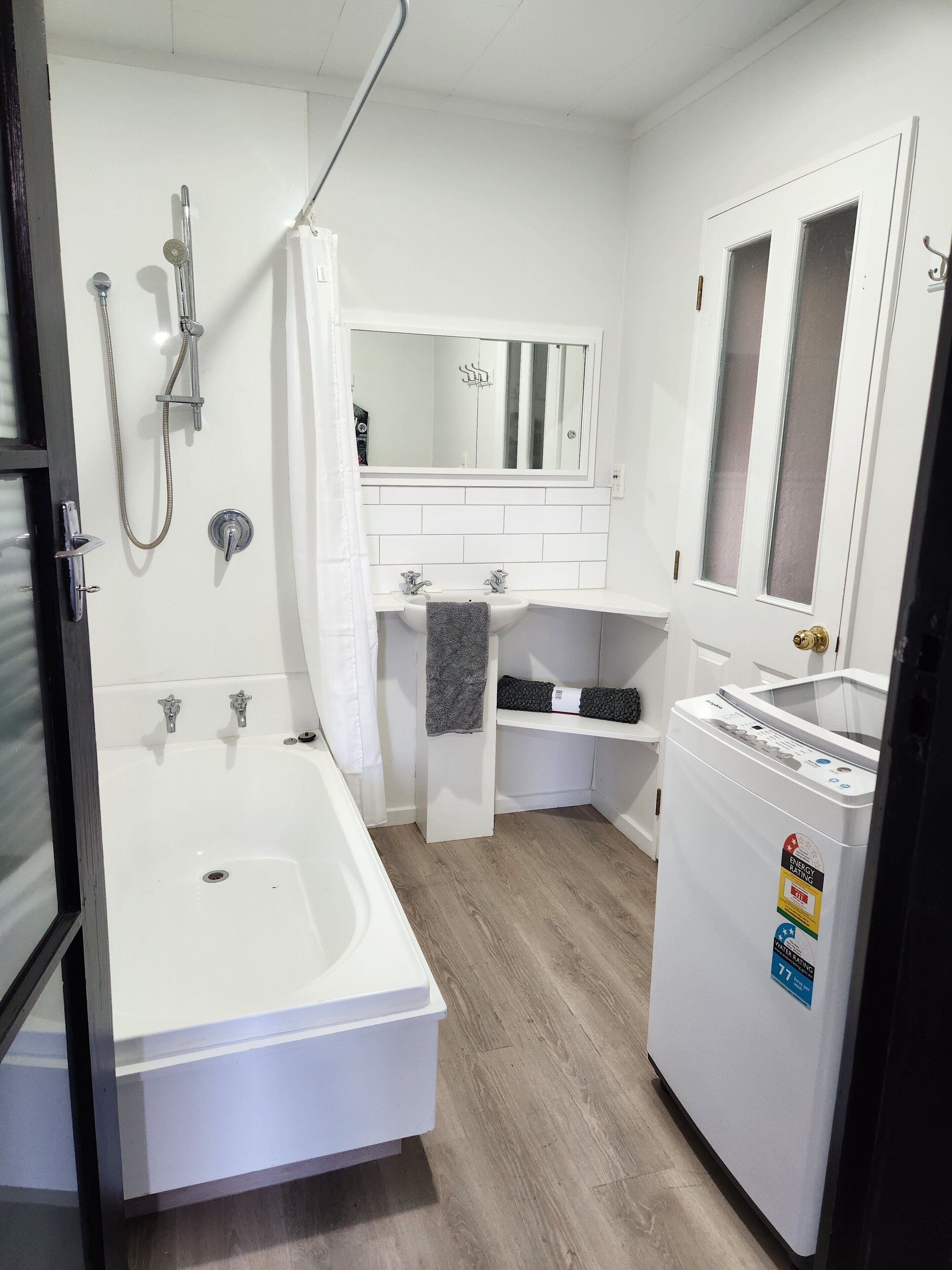 Hair dryer, towels, soap, toilet paper