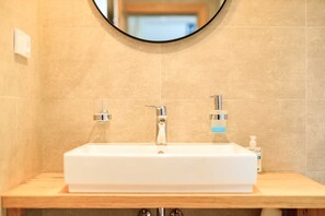 A bathroom with a rectangular sink, two faucets, a mirror above the sink, and a soap dispenser on the right. - Villa in Cervene Janovice Near Kutna Hora Castle (Červené Janovice)