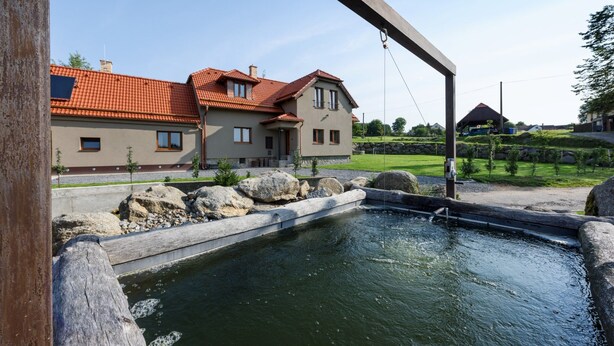 A house with a red-tiled roof, a pond, and a stone pathway. - Villa in Varvazov With Garden and Barbecue (Varvažov)