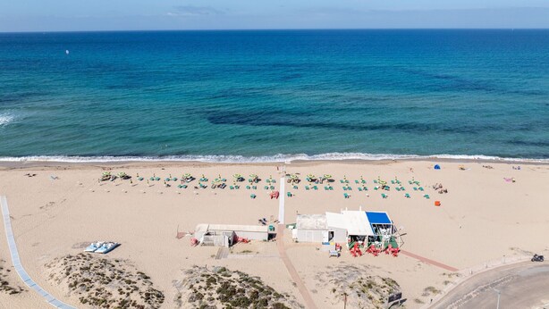 A beach with rows of sun loungers and umbrellas, a small building, and a clear view of the ocean. - Apartment Prua Sardinia Seaside (Badesi)