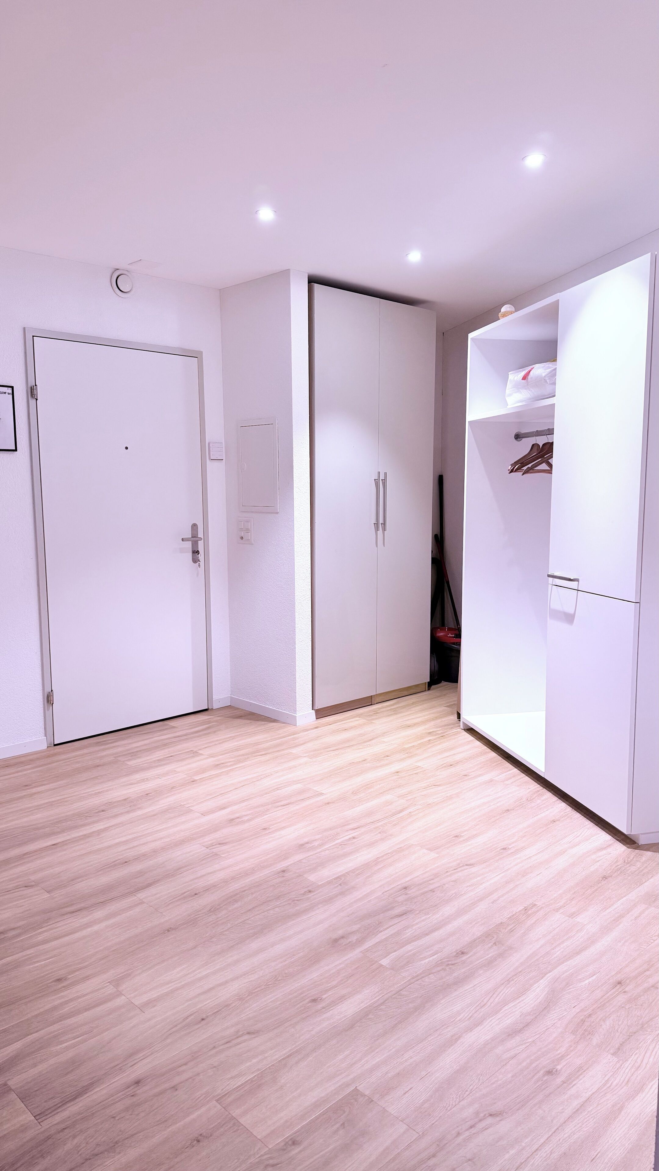 Una habitación con piso de madera, paredes blancas y un armario blanco con espejo.