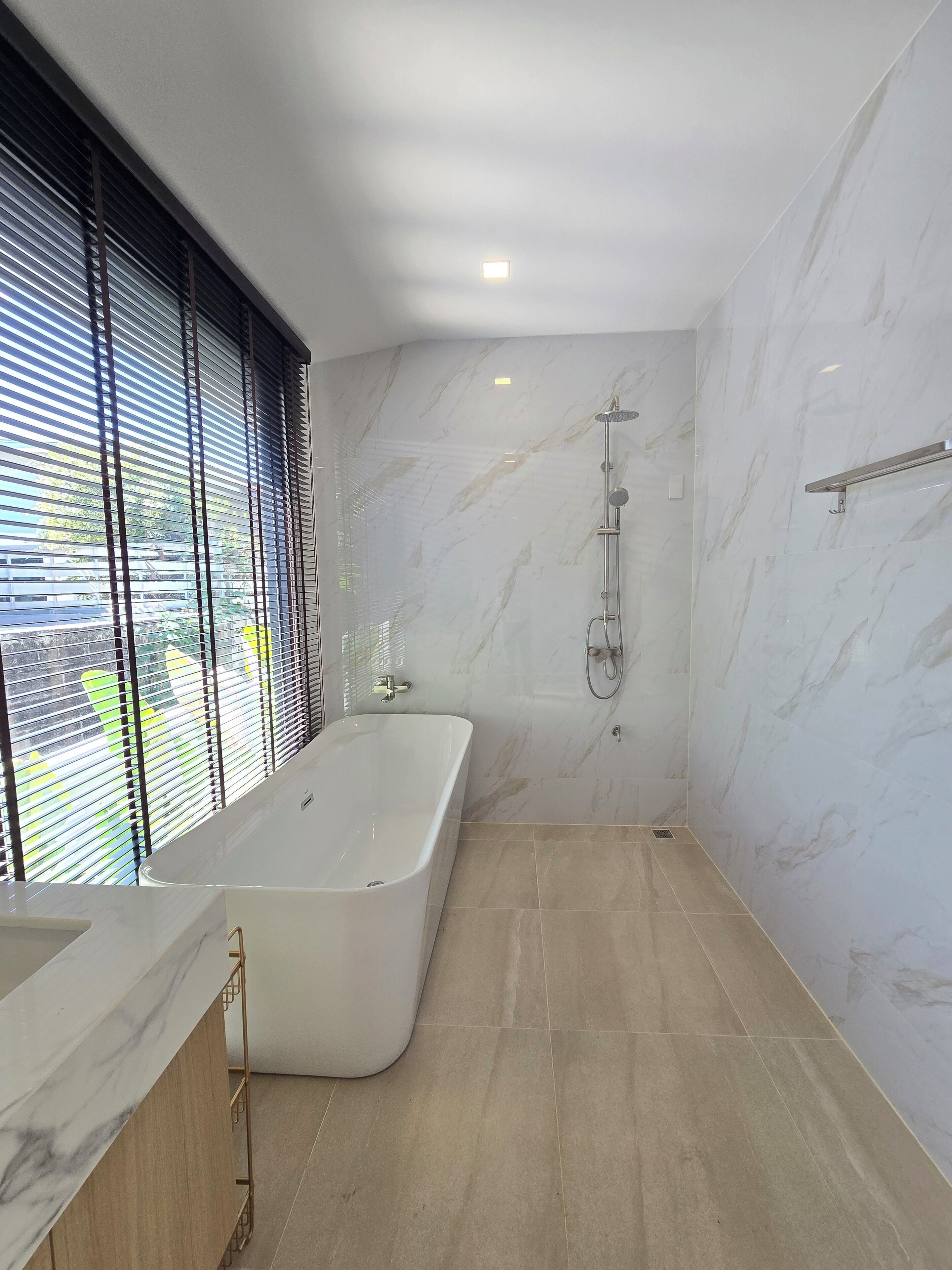 Shower, hair dryer, bidet, towels