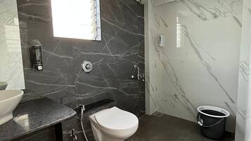 Regadera, toallas, jabón, papel de baño