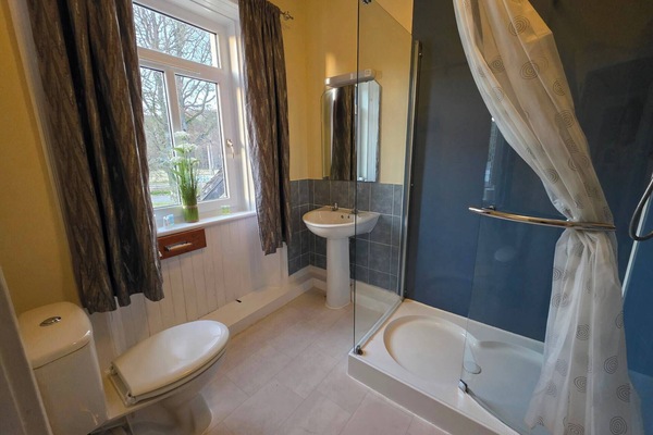 Shower, hair dryer, towels, toilet paper