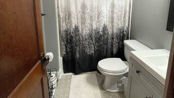 Une salle de bain comprenant des toilettes, un lavabo, un rideau de douche orné d’un motif de forêt, un carrelage décoratif et une porte en bois.