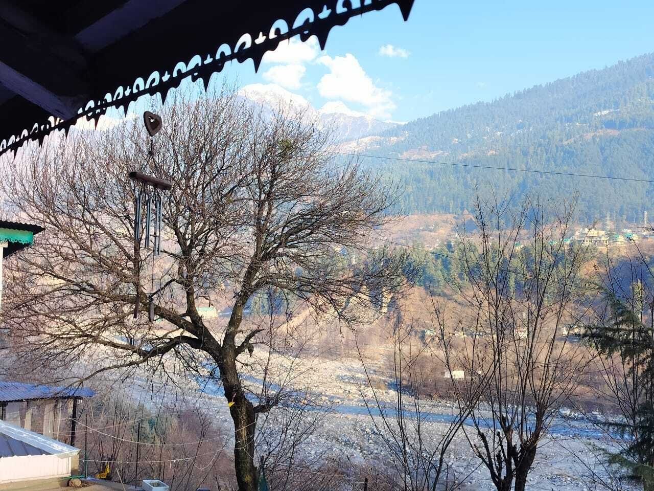 Vista de un río, con un árbol en primer plano y un paisaje montañoso al fondo.