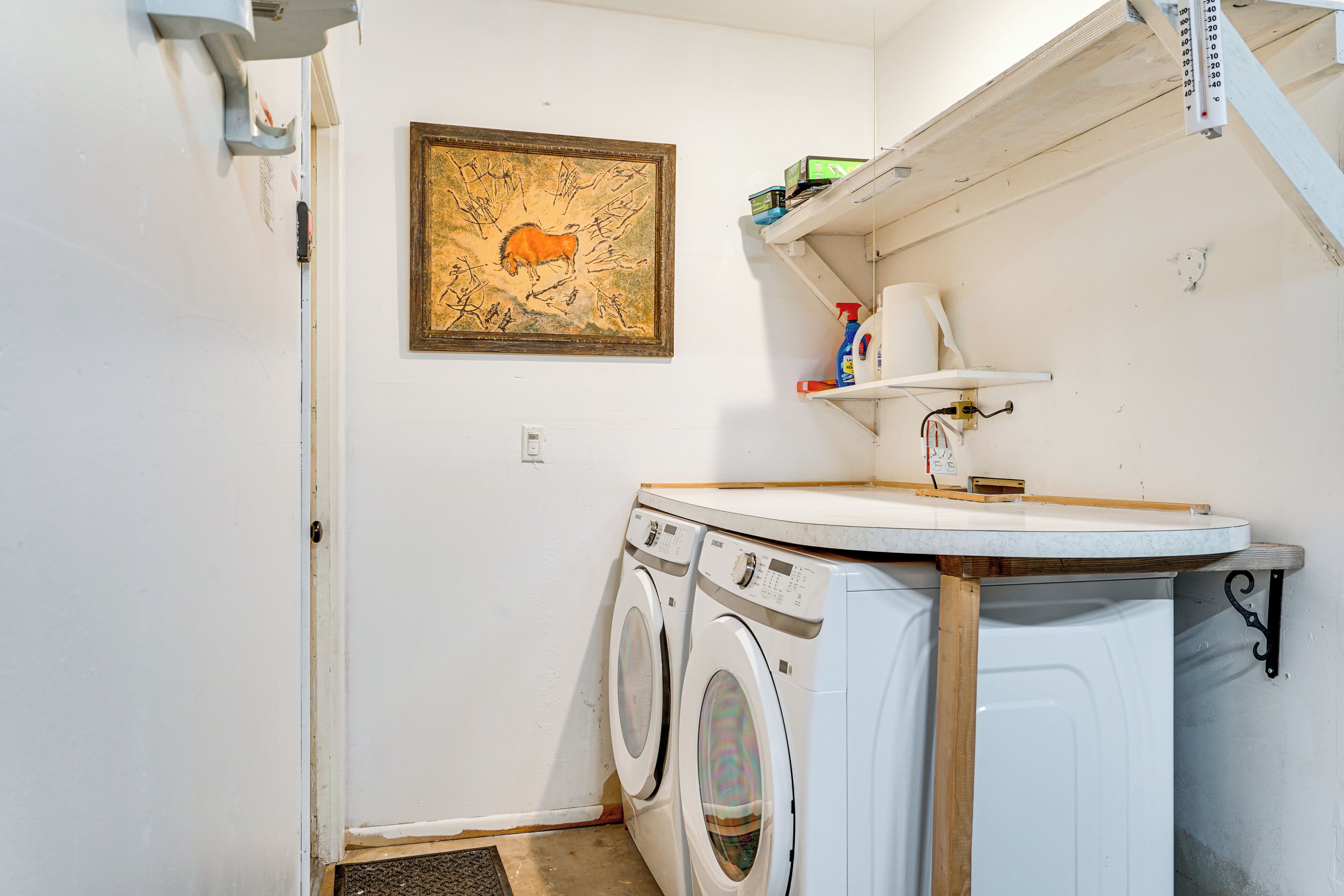 A laundry area with a washing machine, a sink, and a shelf with cleaning supplies.