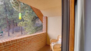 A corner room with a brick wall, a wicker chair, and a view of trees through a window. - Near Hiking: Mtn-view Getaway in Bayfield! (Bayfield)