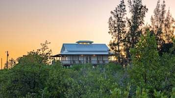 A house with a large porch and a covered upper level, surrounded by dense greenery and tall trees.