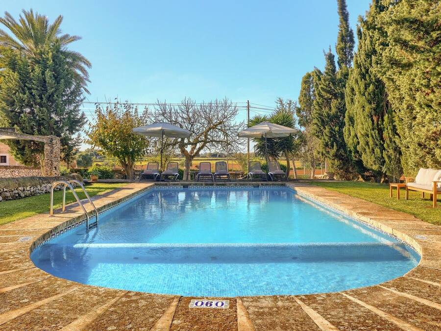 Una piscina con sillas de descanso y sombrillas, rodeada de árboles y un muro de piedra.