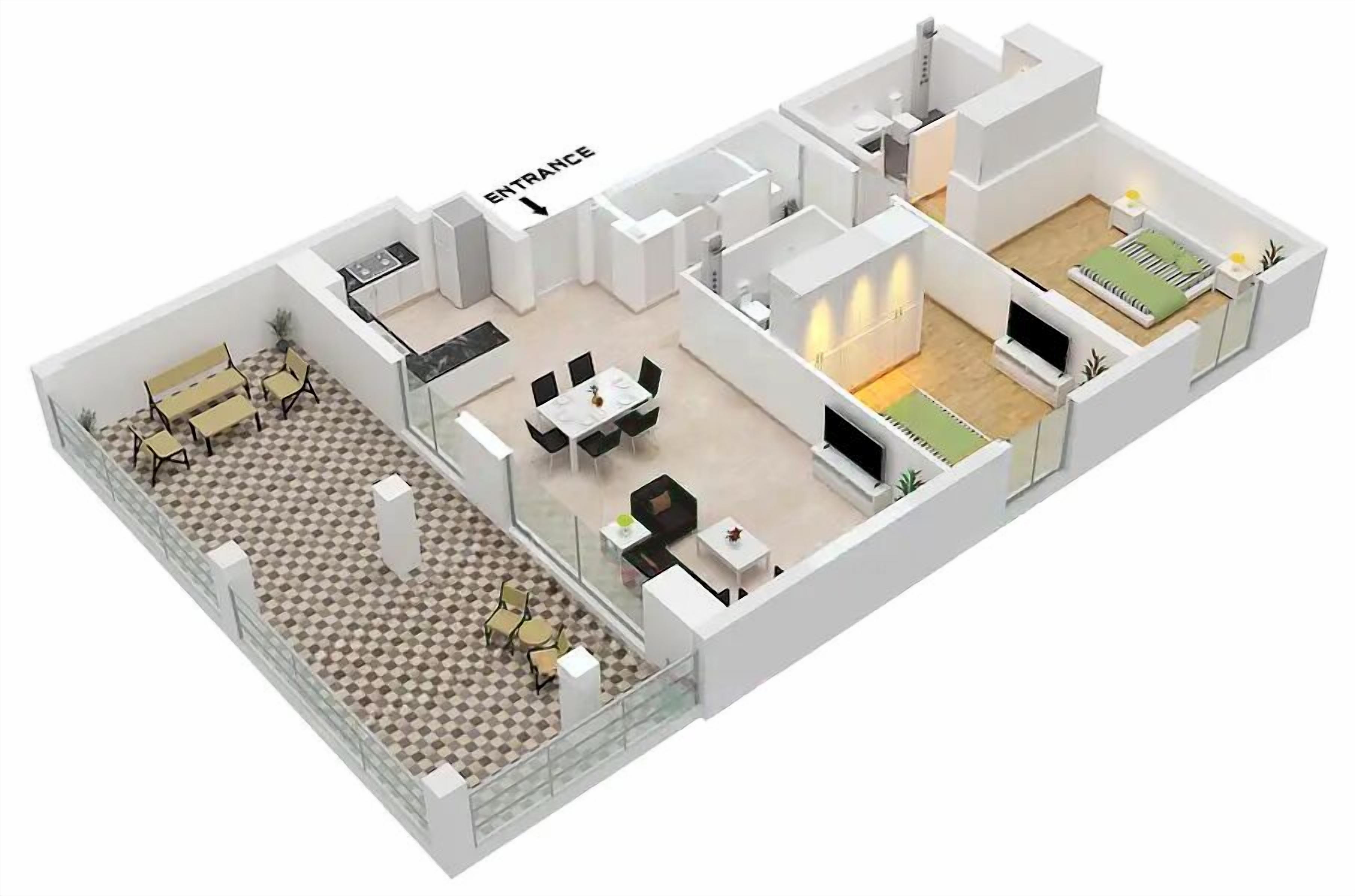 A 3D floor plan of a hotel room with a dining area, kitchenette, and a bedroom with a TV and bed.