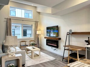 Télévision, cheminée, espaces bureaux