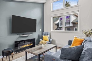 Télévision, cheminée, livres, espaces bureaux