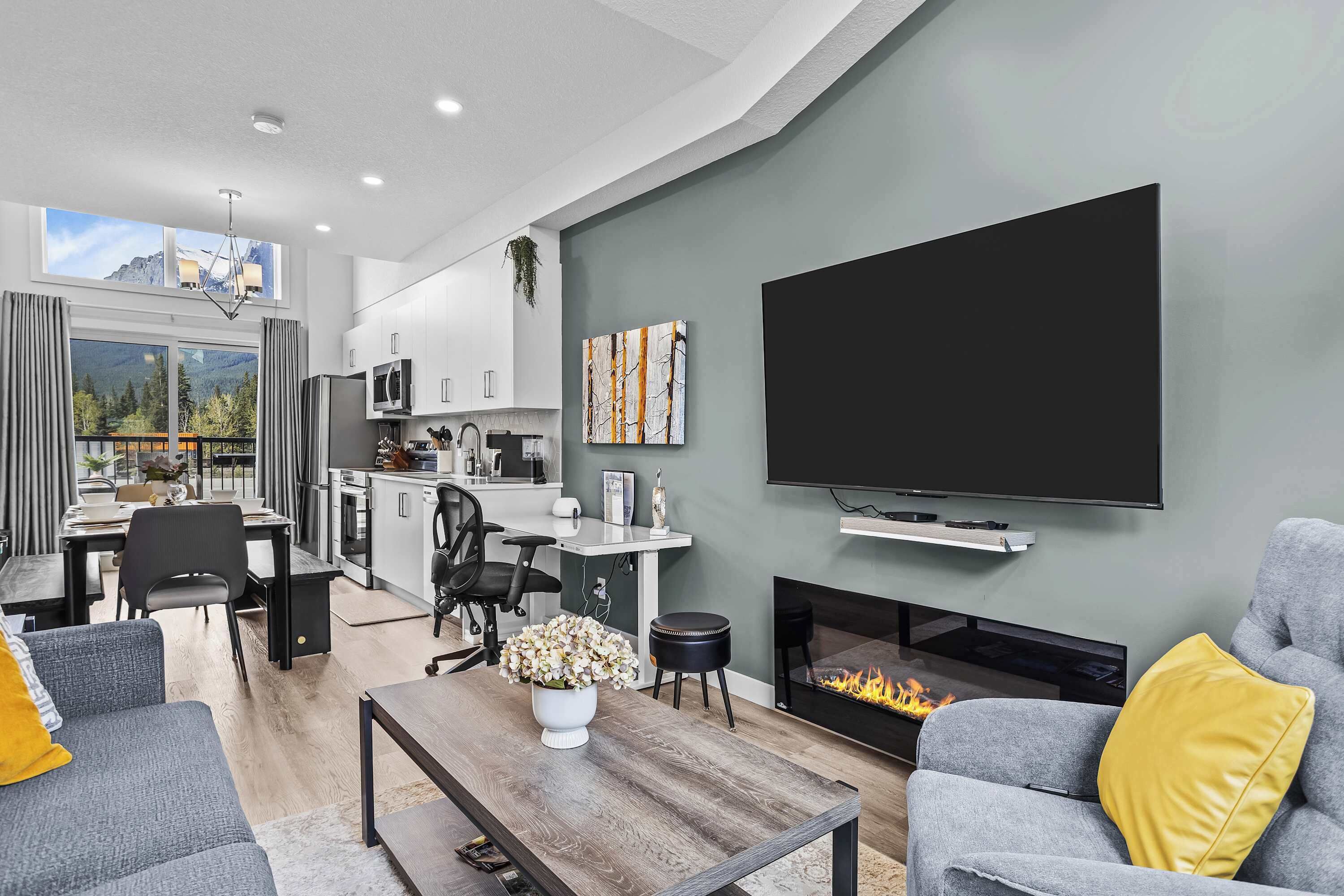 TV, fireplace, books, offices