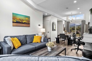 TV, fireplace, books, offices