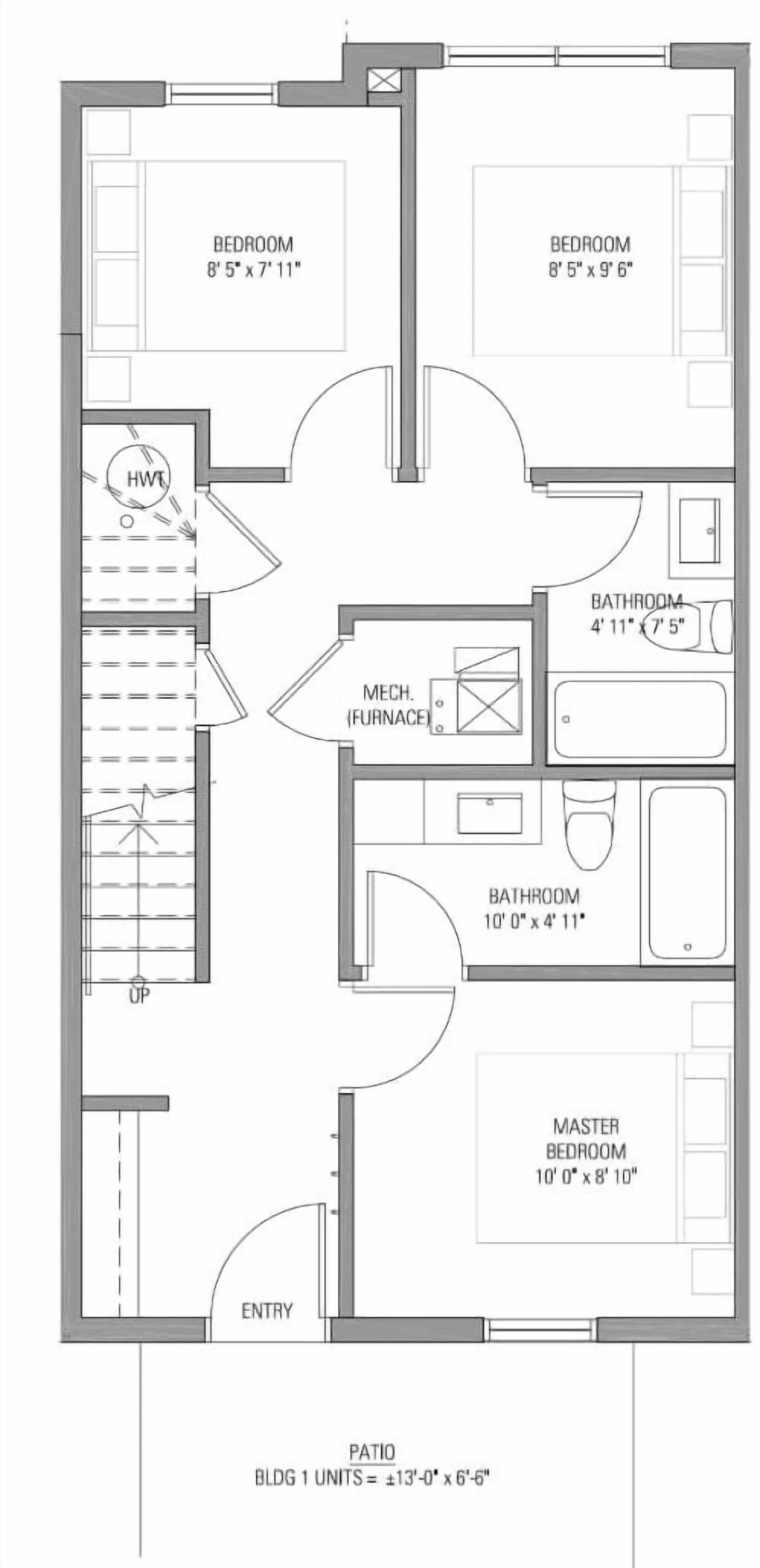 Planta baixa de um hotel com duas suítes, sala de estar, cozinha, banheiro, um pátio e lavanderia.