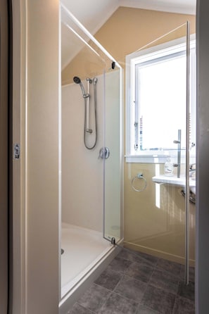 Shower, hair dryer, towels