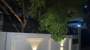 A white wall with two wall-mounted lights and a tree with green leaves.