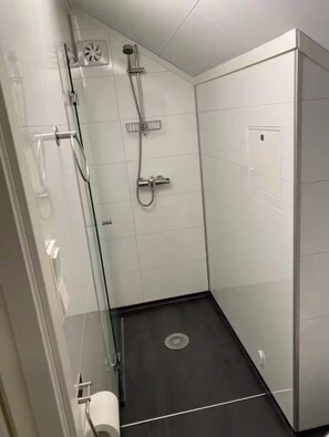 Shower, towels, soap, toilet paper