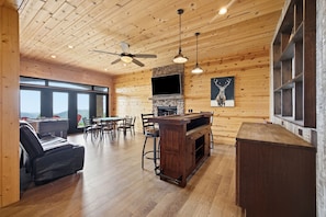Smart TV, fireplace, table football