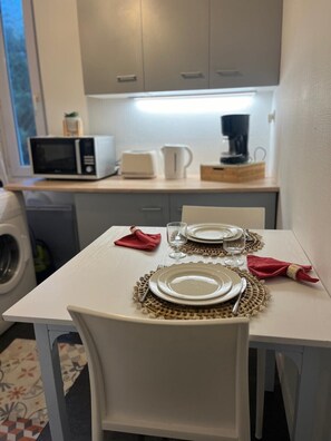 Fridge, microwave, electric kettle, toaster