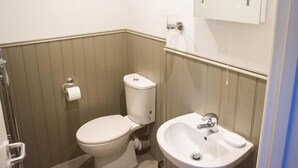 A small bathroom with a toilet, sink, and a mirror above the sink. - The George Inn Plympton (Plymouth)