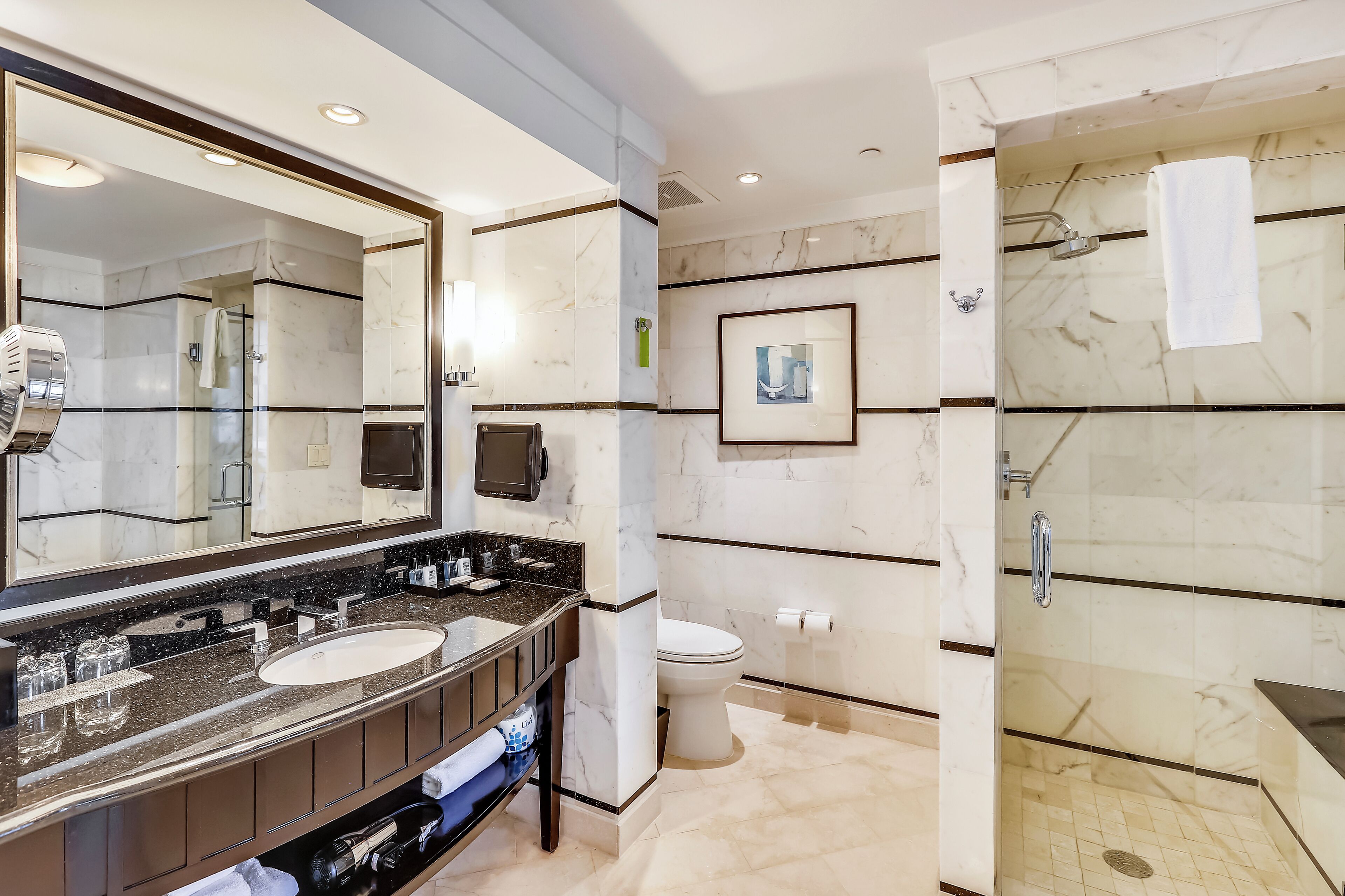 A modern bathroom with a large mirror, dual sinks, a toilet, and a walk-in shower.