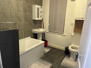 Hair dryer, towels, soap, toilet paper