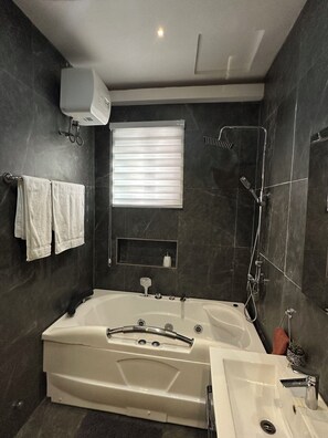 Shower, bidet, towels, soap