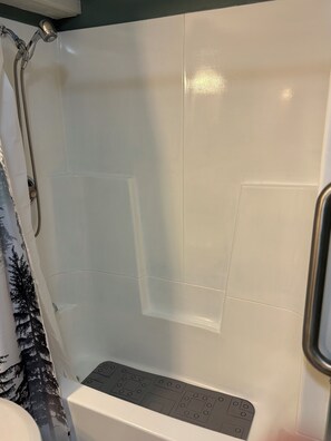 Hair dryer, towels, soap, toilet paper
