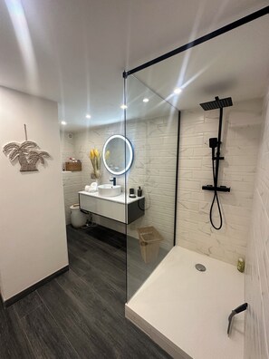Dusche, Haartrockner, Handtücher, Seife