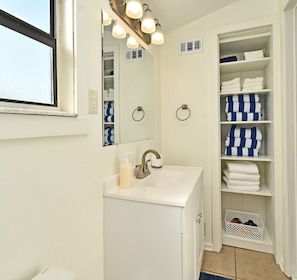 Shower, towels, toilet paper