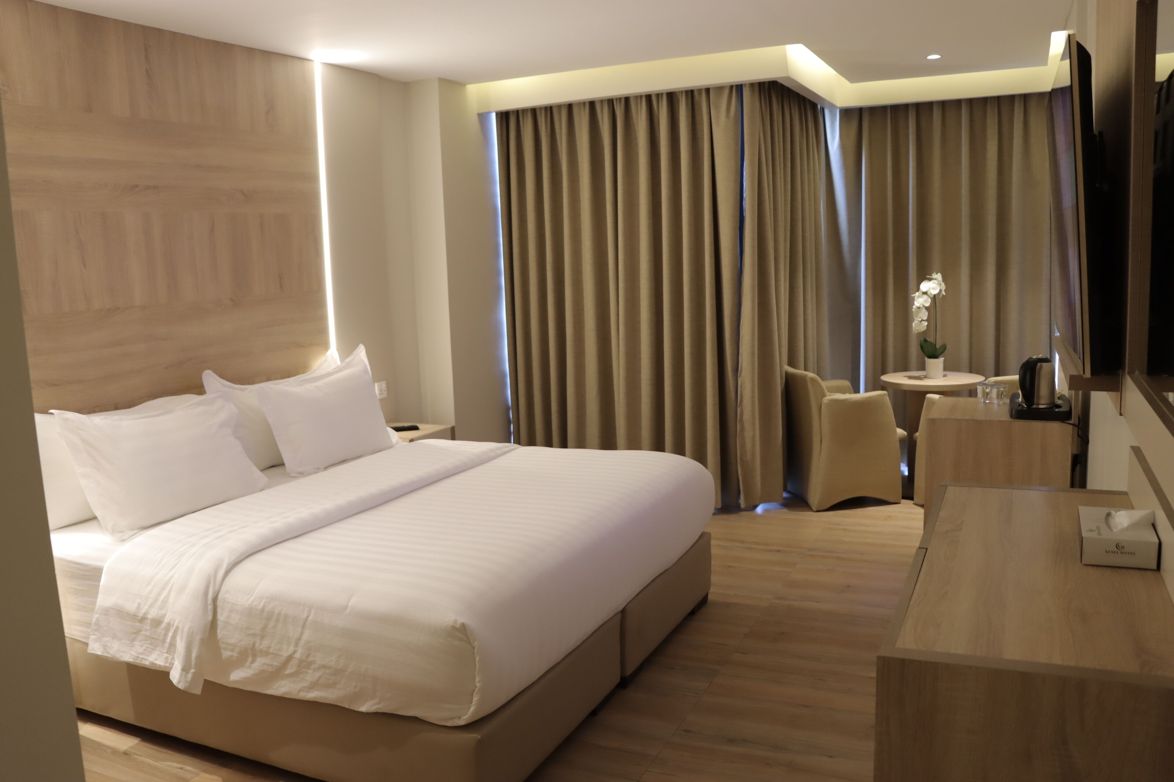 Una habitación de hotel moderna con una cama grande, un escritorio, una silla, una mesita con una planta y un televisor.
