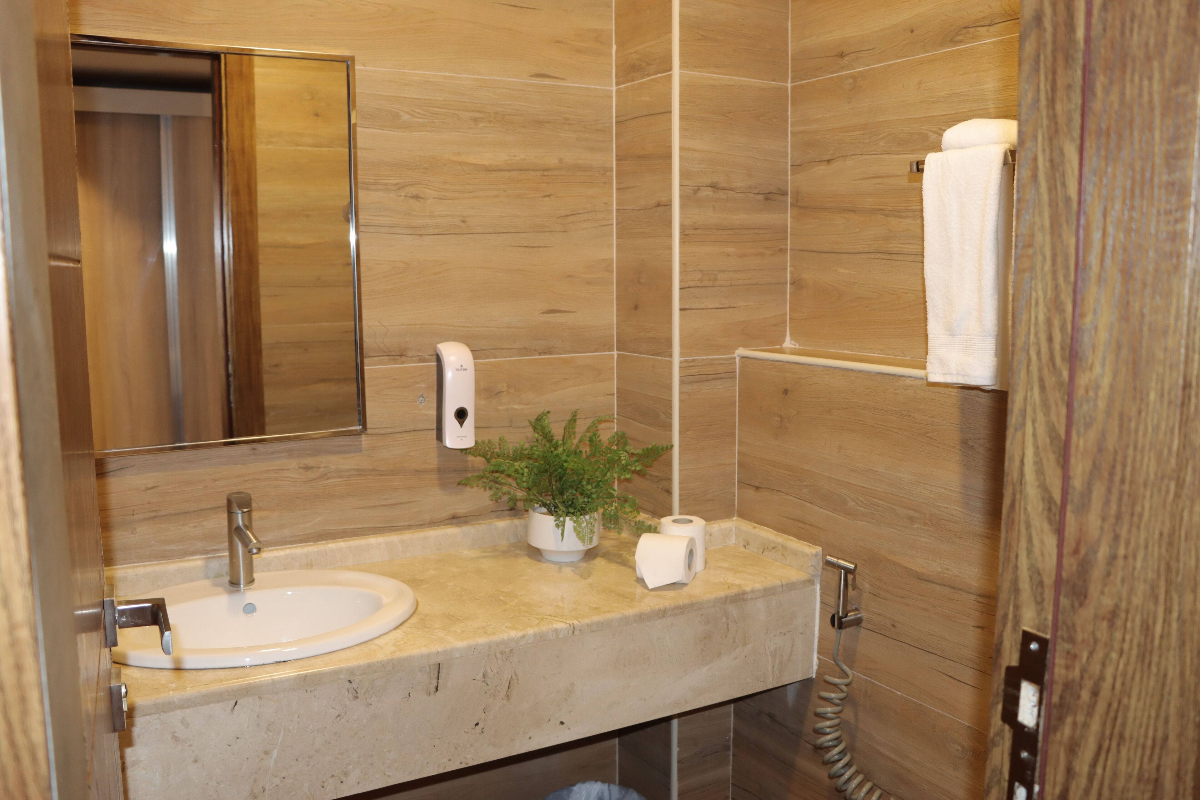 A bathroom with a sink, mirror, towel rack, and a potted plant.