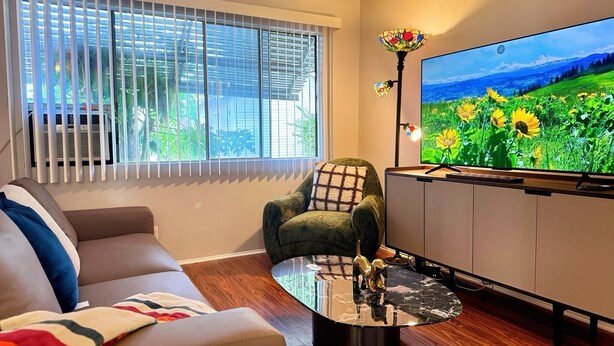 A living room with a sofa, a green armchair, a coffee table with a decorative item, a TV displaying a landscape, and a window with blinds.