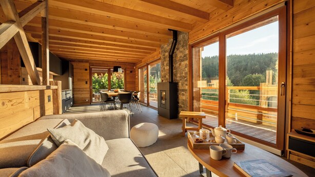 A cozy cabin interior with a wooden ceiling, a stone fireplace, a sofa, a dining table with chairs, and large windows offering a view of the outdoors.
