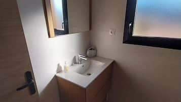 Regadera, secadora de cabello, papel de baño
