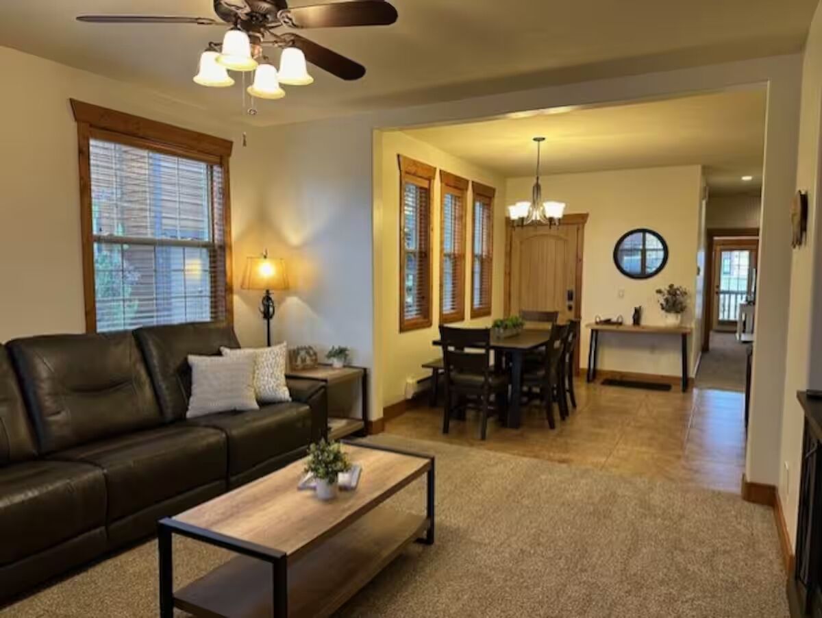 TV connectée, cheminée, livres, écrans d'ordinateur