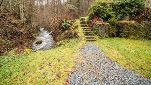 A stone staircase leading up to a forested area with a stream running beside it. - Historic Watermill in Bohan (Vresse-sur-Semois)