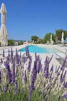 Zona de piscina con sillas reclinables blancas y sombrillas, rodeada de plantas de lavanda.