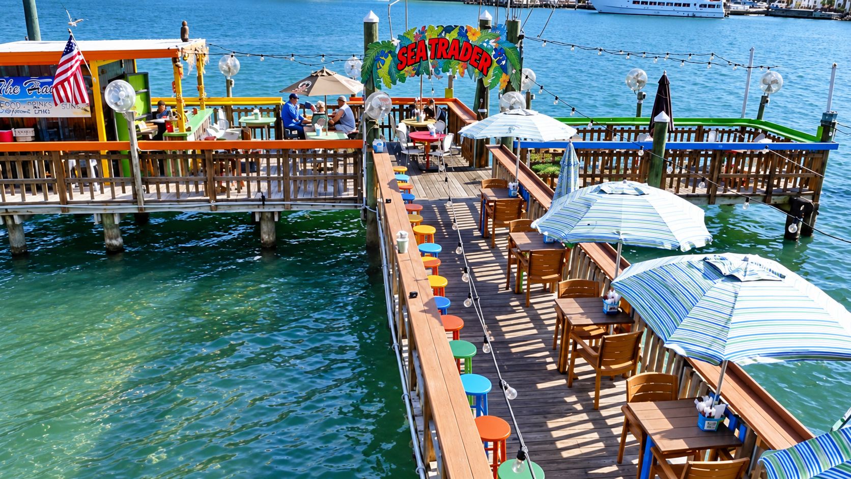 A pier with tables and chairs, a sign reading 'SEA TRADER', and a view of the water.