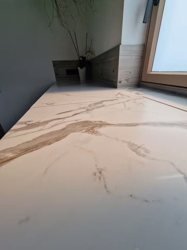 A marble countertop with a plant in a white pot. - Barrier-free enjoyment in Unterallgäu, modern apartment with style and comfort (Oberschönegg)