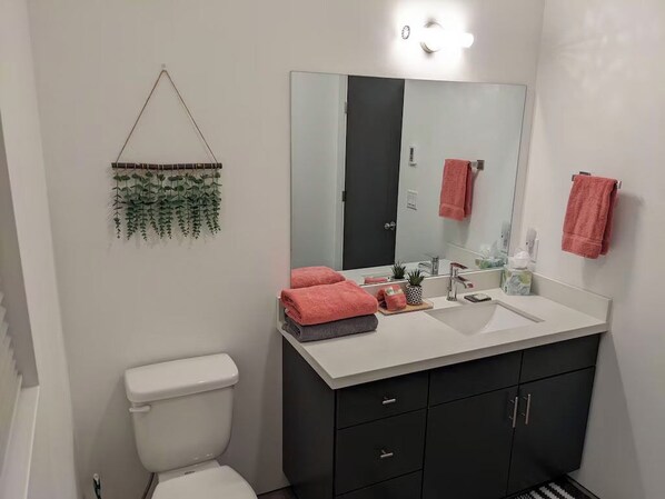Une salle de bain moderne avec des toilettes blanches, des meubles noirs, un lavabo blanc et un grand miroir.
