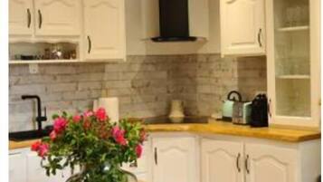 Een microgolfoven, een oven, een kookplaat, een vaatwasser