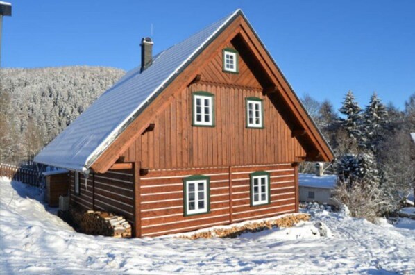 A wooden cabin with a gabled roof and a chimney, surrounded by snow-covered ground and trees. - Amazing Villa Near Horni Marsov ski Area (Horni Marsov)