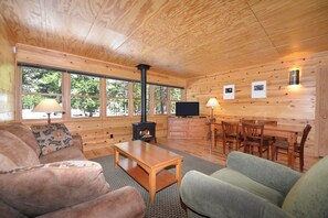 TV, fireplace, DVD player, books