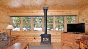 A cozy cabin interior with a wood-burning stove, a television, and a large window offering a view of trees.