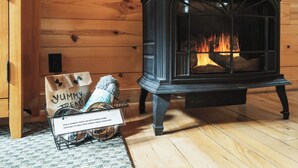 A wood-burning stove in a room with wooden walls and a carpeted floor.