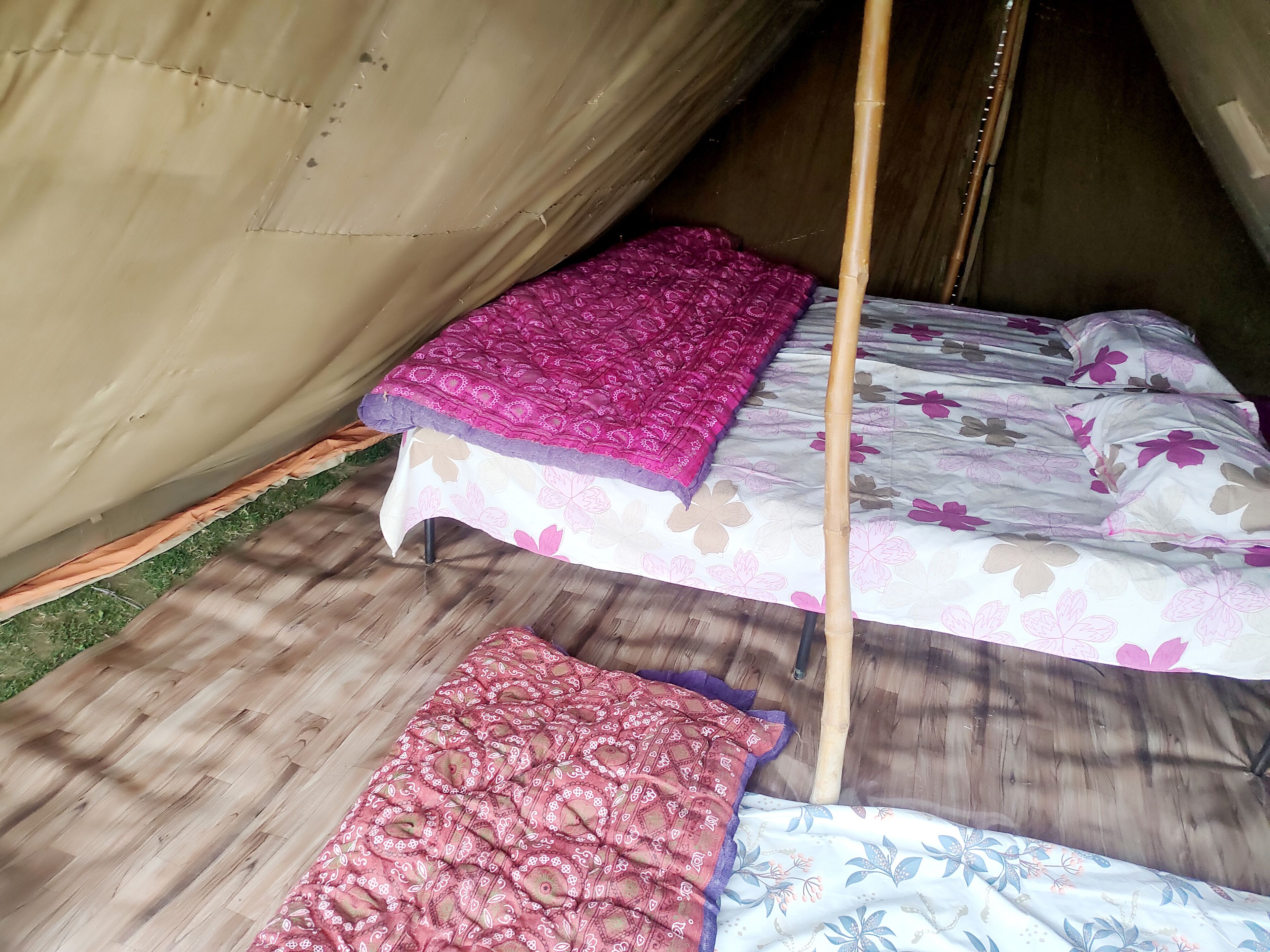 A tent with two beds, each with a different patterned bedspread.